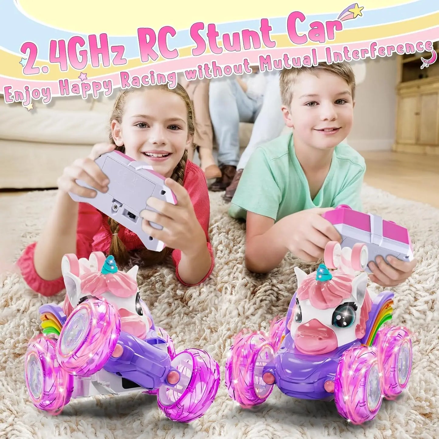 Unicorn Remote Control Car for Girls, 360° Rotating 4WD Stunt RC Cars with Cute Lights, Rechargeable Toys-Kid Birthday Gifts