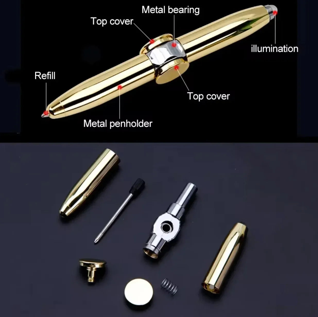 Spinner Pen, Multi-Function Ballpoint Pen, Rotating Metal Pen with LED Light, Creative Decompression Gyro Pen