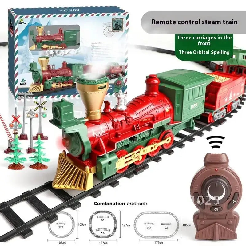 Electric Rail Train for Children Remote Control Smoking Locomotive Classical Christmas Steam, Sound and Light, 2.4GHz Controller