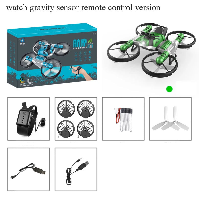 2.4G Radio RC Motorcycle Folding Quadcopter 2-in-1 Hand Gesture Sensing Auto Hovering Land and Air Rc Drone Flying Kids Toy Gift