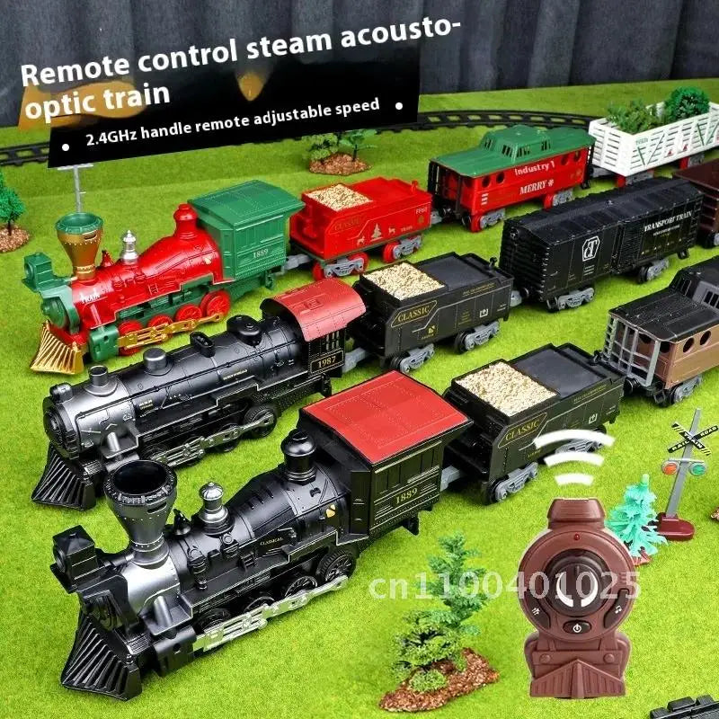 Electric Rail Train for Children Remote Control Smoking Locomotive Classical Christmas Steam, Sound and Light, 2.4GHz Controller