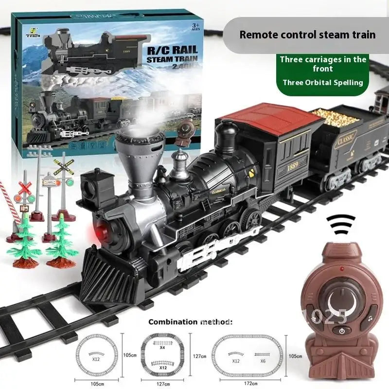 Electric Rail Train for Children Remote Control Smoking Locomotive Classical Christmas Steam, Sound and Light, 2.4GHz Controller