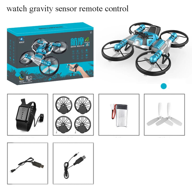 2.4G Radio RC Motorcycle Folding Quadcopter 2-in-1 Hand Gesture Sensing Auto Hovering Land and Air Rc Drone Flying Kids Toy Gift