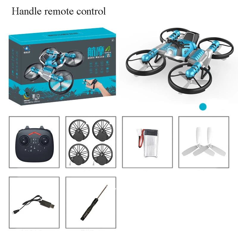 2.4G Radio RC Motorcycle Folding Quadcopter 2-in-1 Hand Gesture Sensing Auto Hovering Land and Air Rc Drone Flying Kids Toy Gift