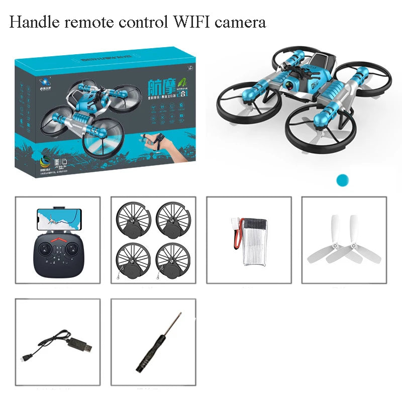 2.4G Radio RC Motorcycle Folding Quadcopter 2-in-1 Hand Gesture Sensing Auto Hovering Land and Air Rc Drone Flying Kids Toy Gift