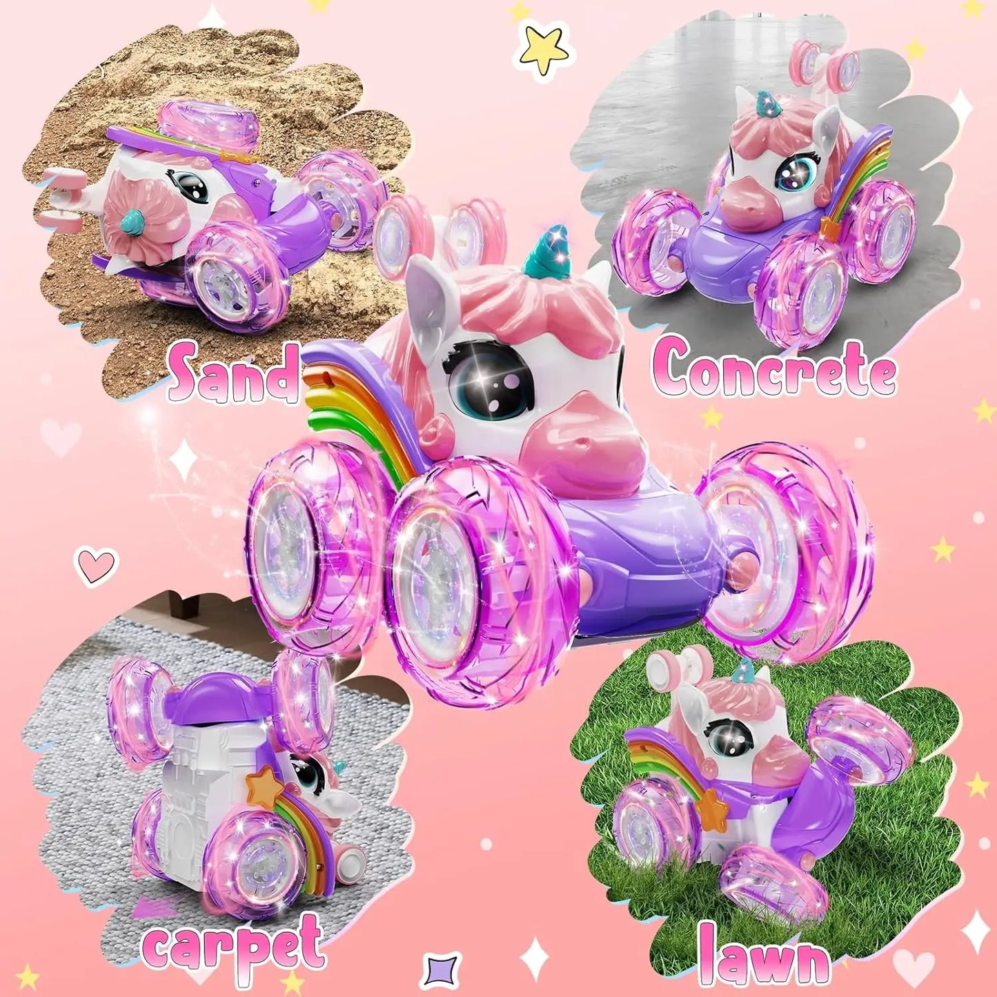 Unicorn Remote Control Car for Girls, 360° Rotating 4WD Stunt RC Cars with Cute Lights, Rechargeable Toys-Kid Birthday Gifts