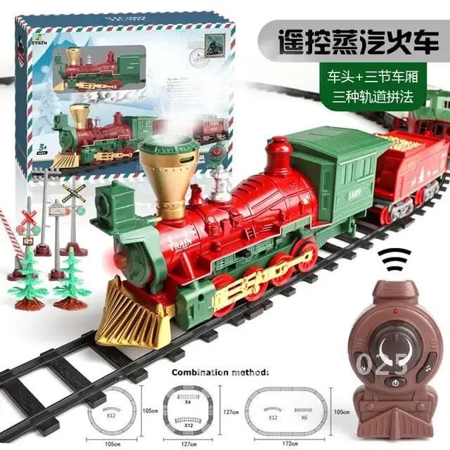 Electric Rail Train for Children Remote Control Smoking Locomotive Classical Christmas Steam, Sound and Light, 2.4GHz Controller