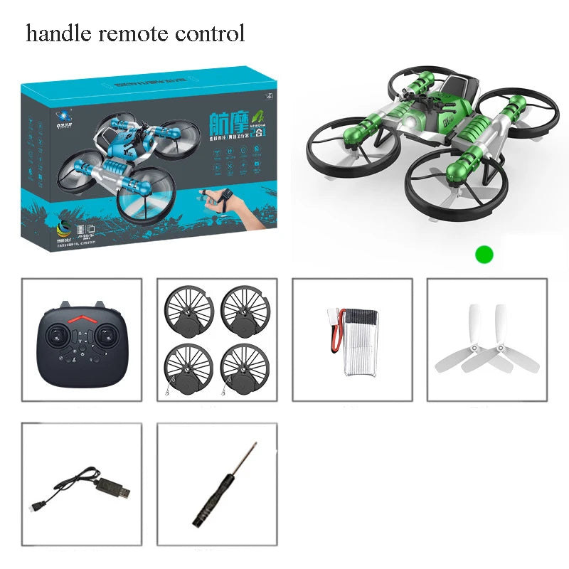 2.4G Radio RC Motorcycle Folding Quadcopter 2-in-1 Hand Gesture Sensing Auto Hovering Land and Air Rc Drone Flying Kids Toy Gift