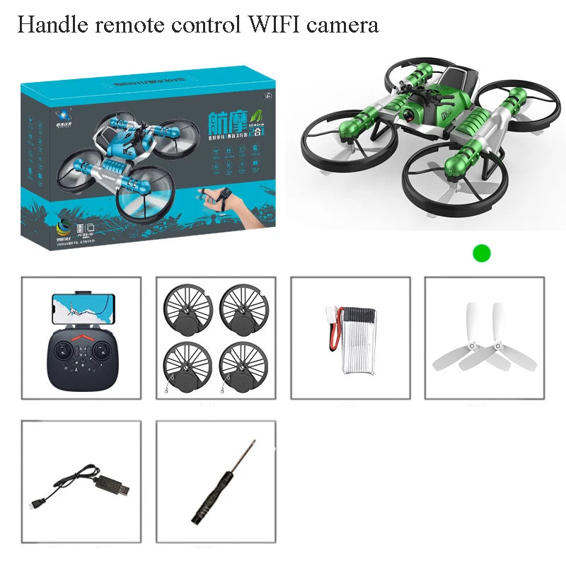 2.4G Radio RC Motorcycle Folding Quadcopter 2-in-1 Hand Gesture Sensing Auto Hovering Land and Air Rc Drone Flying Kids Toy Gift